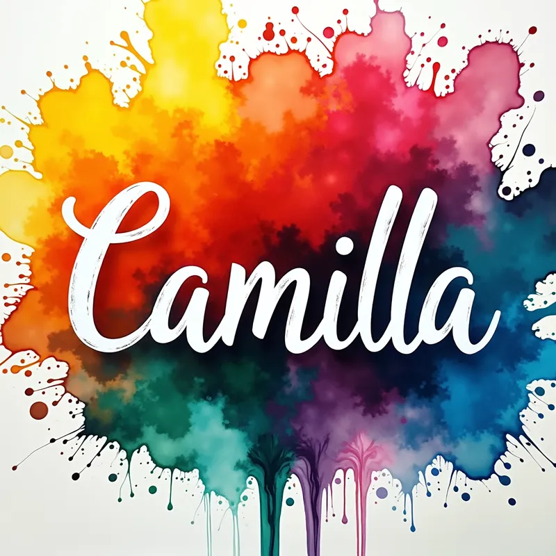 Vibrant Calligraphic Camilla - The name exact text (((Camilla))) in a ((vibrant brilliant white calligraphic simple bold cursive horizontal font with several attached curved trails)), on a background filling the space of a vibrant multicolor alcohol ink on glass including yellow orange, red navy blue green teal cranberry and purple, ((the colors all intermingling with each other with the same color in different areas of the image)). The style emphasizes smooth gradients, rich colors, giving it a realistic yet polished and dramatic look . - AI image generated with Photorealistic 2 - vivid colors, water splashes, profile view