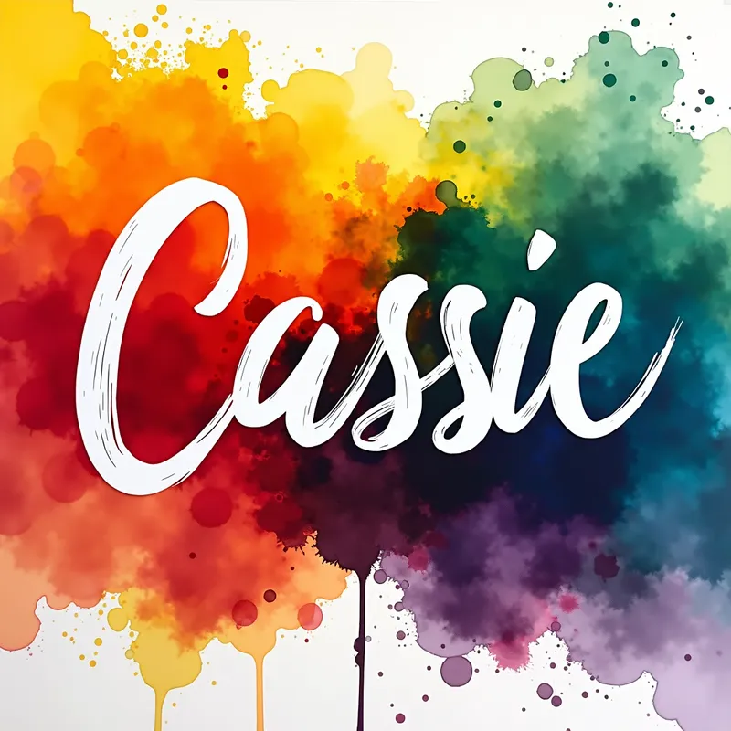Vibrant Calligraphy Cascade - The name (((Cassie))) in a ((vibrant brilliant white calligraphic simple bold cursive horizontal font)) on a background of a vibrant multicolor alcohol ink on glass including yellow orange, red navy blue green teal cranberry and purple. The background extends to all edges of the image. - AI image generated with Photorealistic 2 - vivid colors