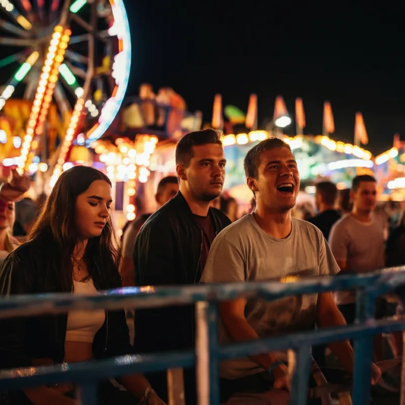 Vibrant Carnival Night - A colorful nighttime carnival filled with lights, rides, and joyful expressions of young people enjoying the festivities, capturing a moment of pure excitement. - AI image generated with Imagen 3 - photorealistic