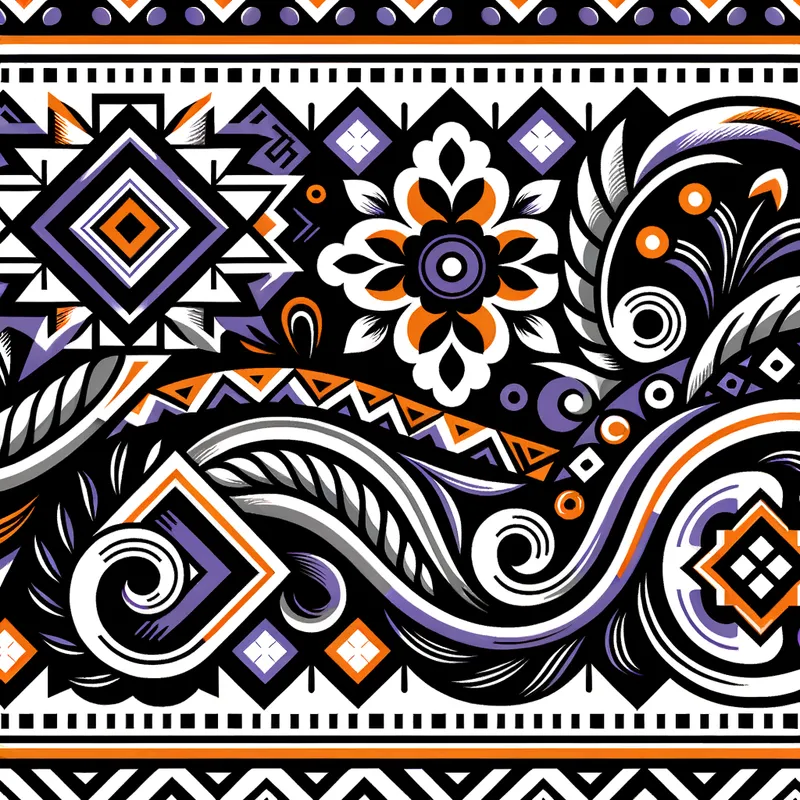 Vibrant Fiesta - A lively border design inspired by traditional Latin American patterns, featuring bold black and white geometric shapes intertwined with vibrant purple and orange accents. - AI image generated with Art
