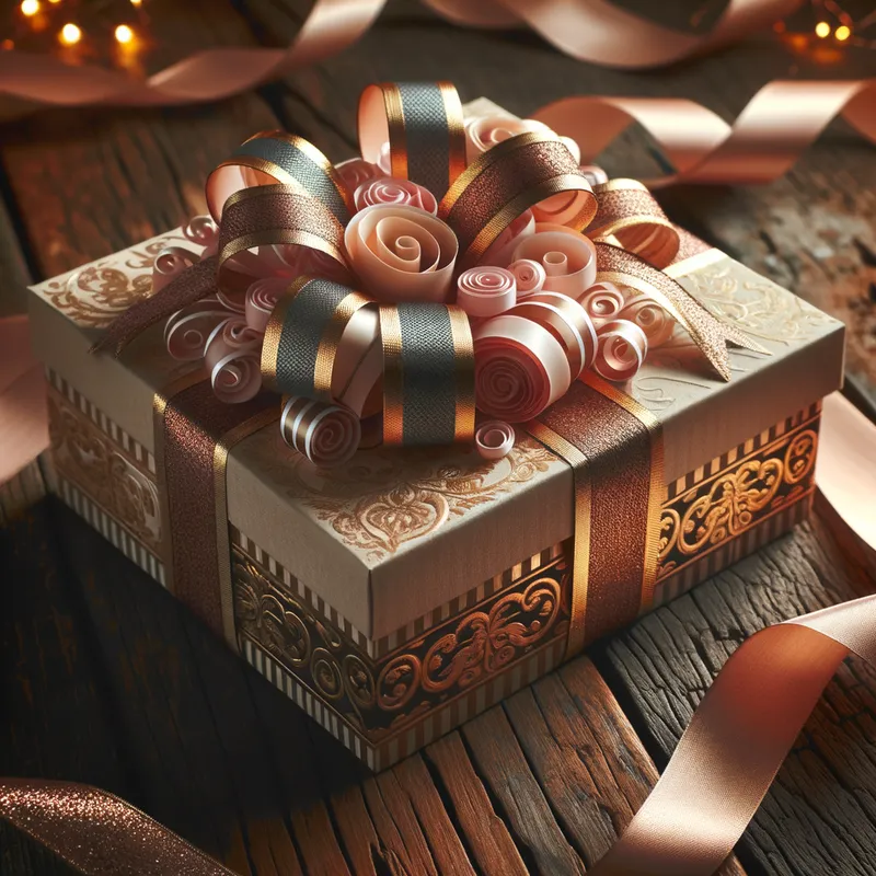 Vibrant Gift Surprise - A beautifully wrapped present adorned with luxurious ribbons featuring the colors #d71269 and #f45d20. The gift box sits elegantly on a wooden table, creating a perfect blend of warmth and excitement. - AI image generated with Art