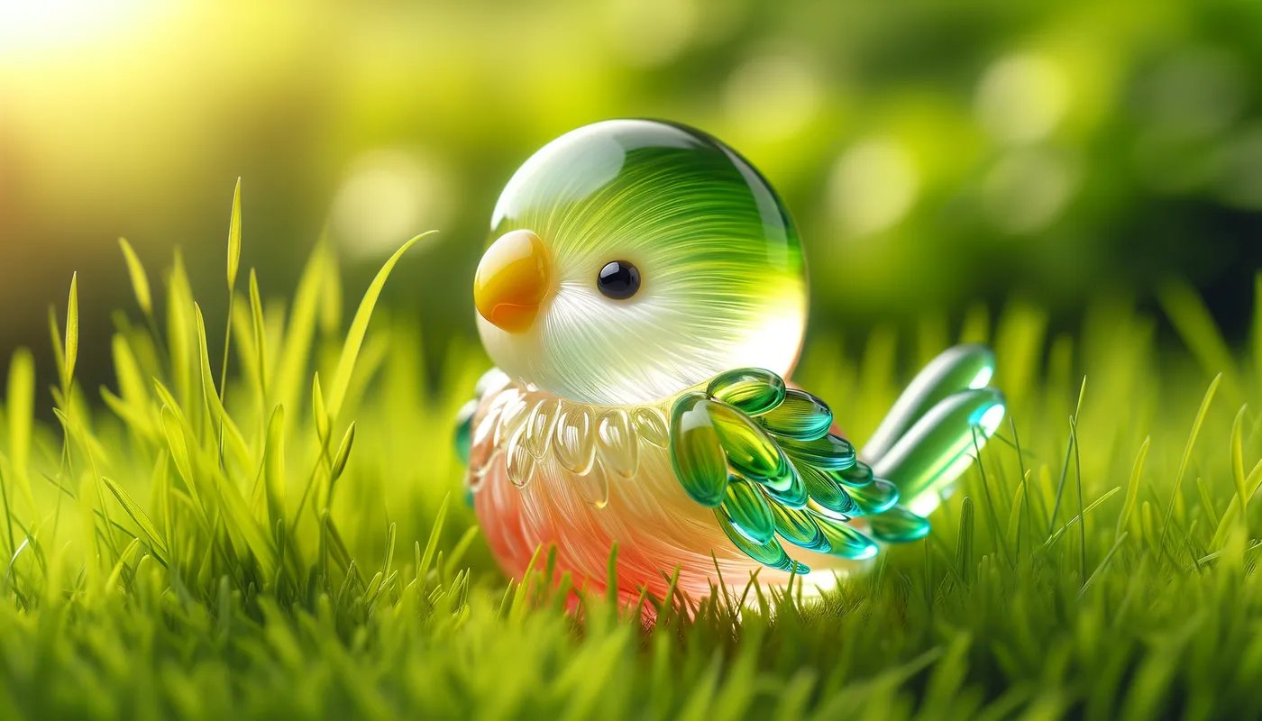 Vibrant Glass Parrot - A nice and cute blown glass baby parrot, natural colors, bright and transparent, on the grass lawn. - AI image generated with Art