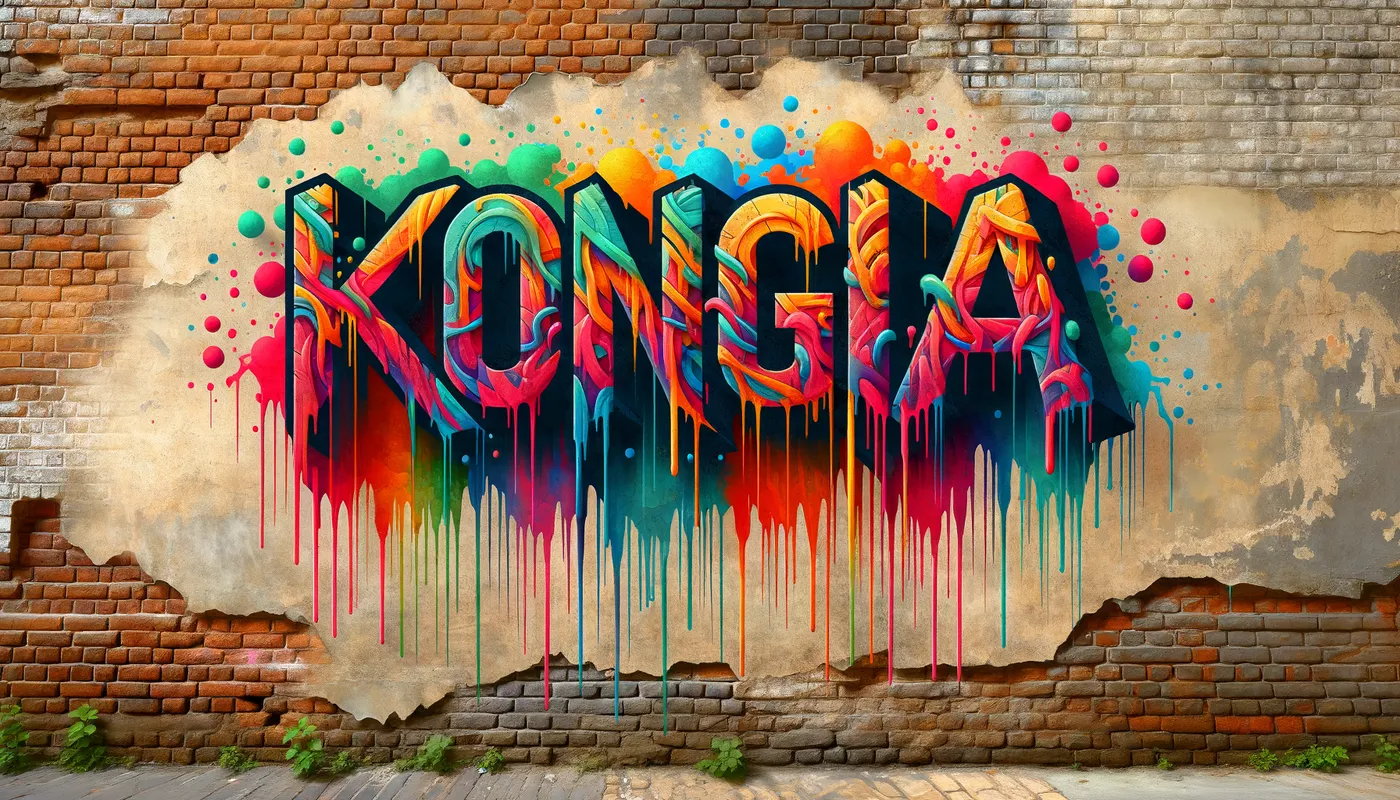 Vibrant Graffiti Mural - A striking mural featuring the word 'KONNGA' rendered in a vibrant, dripping graffiti style on a weathered brick wall backdrop. - AI image generated with Art