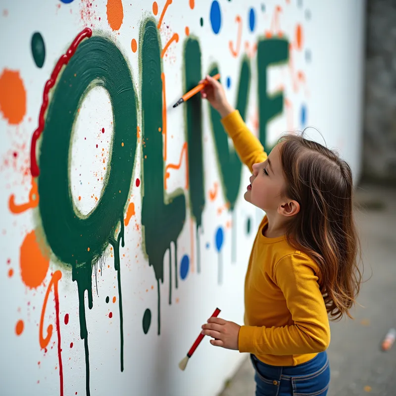Vibrant Graffiti Olive - A little girl energetically creating the name 'Olive' in bold, artistic graffiti on a wall, with splashes of paint and a determined expression. - AI image generated with Text