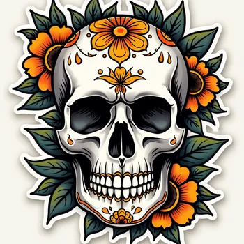 Vibrant Marigold Sugar Skull Tattoo