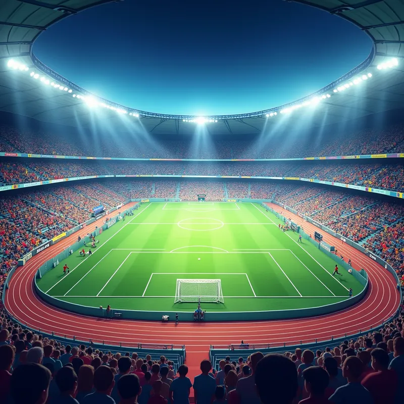 Vibrant Multi-Sports Arena Background - Create a vibrant, high-resolution background image of a multi-sports arena for a PowerPoint presentation. The scene should feature areas for soccer, basketball, tennis, and athletics, with colorful stadium seating and bright lighting. The style should be semi-realistic, suitable as a professional yet energetic PPT background, with ample space in the center for adding text. - AI image generated with Photorealistic 2
