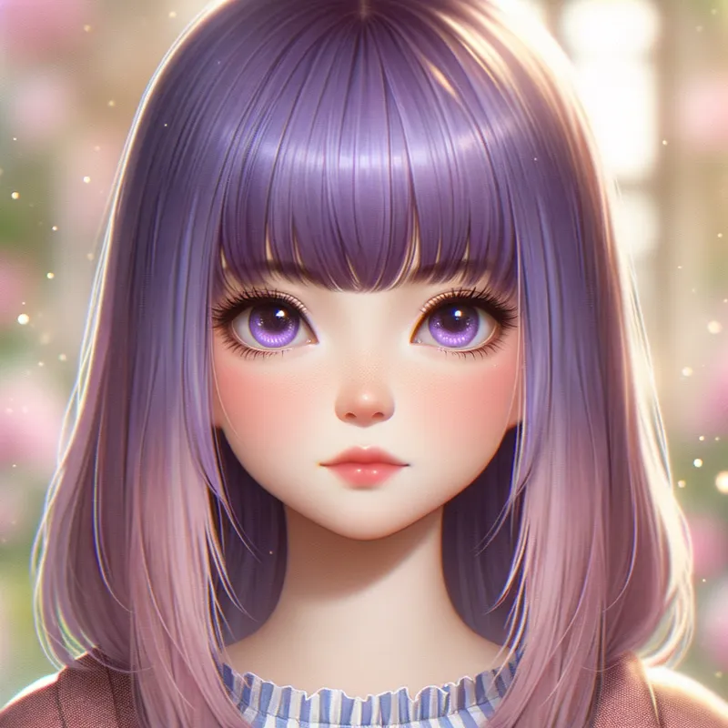 Vibrant Purple Pixie - Cute girl with shaved head but with long purple chelsea bangs - AI image generated with Art