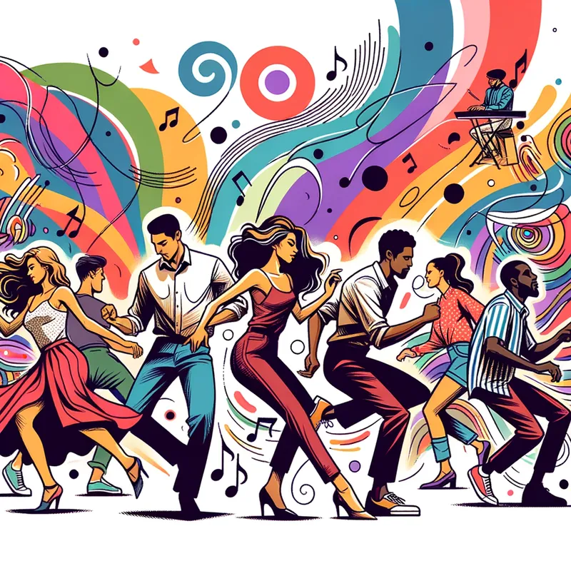 Vibrant Rhythm - Illustrate an energetic art-themed dance party with a crowd of diverse dancers moving to the beats of a live DJ set, surrounded by swirls of vivid colors and abstract patterns representing the rhythm of the music. - AI image generated with Art - minimalist line art