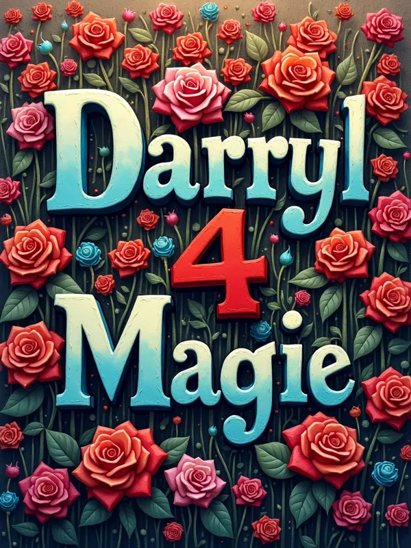 Vibrant Roses - A colorful scene with a padock filled with roses in various shades of red, blue, yellow, pink, and black. The words 'Darryl 4 Magie' are written creatively among the flowers. - AI image generated with Photorealistic 2