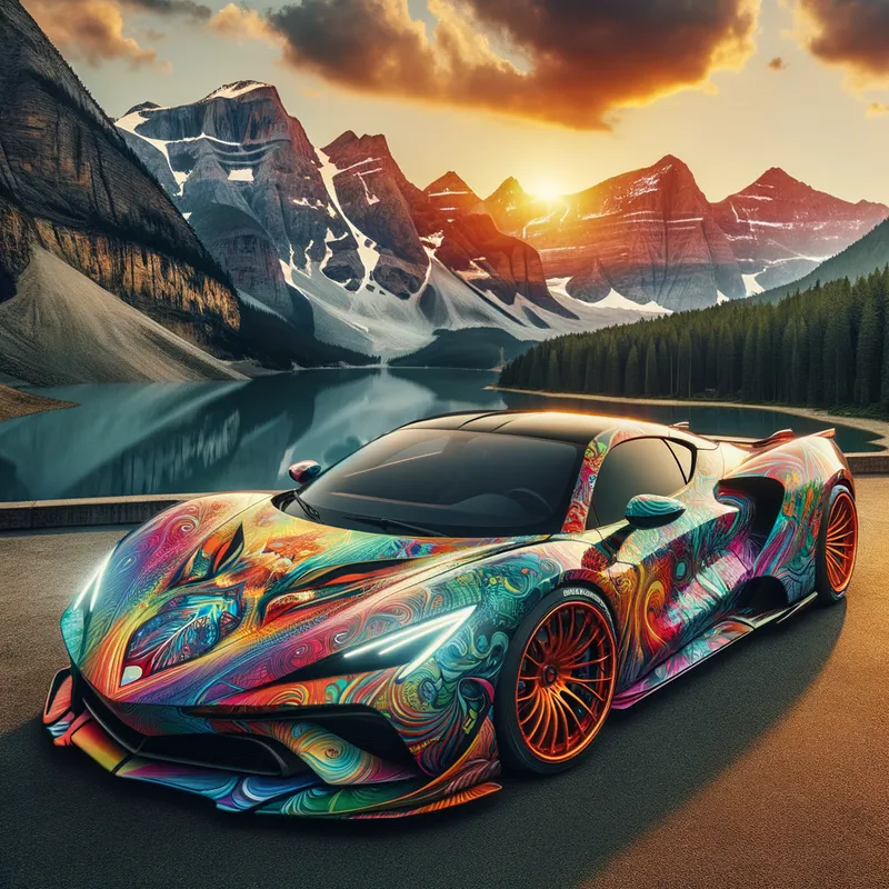 Vibrant Sports Car at Sunset - A sleek sports car with a vibrant, colorful paint job, featuring intricate designs and patterns. The car is set against a scenic backdrop with mountains and a sunset, highlighting the stunning artwork on the vehicle. - AI image generated with Art