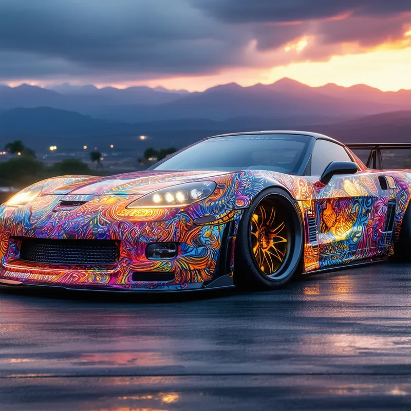 Vibrant Sports Car at Sunset - A sleek sports car with a vibrant, colorful paint job, featuring intricate designs and patterns. The car is set against a scenic backdrop with mountains and a sunset, highlighting the stunning artwork on the vehicle.