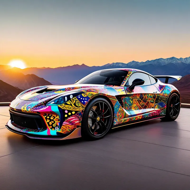 Vibrant Sports Car at Sunset - A sleek sports car with a vibrant, colorful paint job, featuring intricate designs and patterns. The car is set against a scenic backdrop with mountains and a sunset, highlighting the stunning artwork on the vehicle. - AI image generated with Nova Canvas