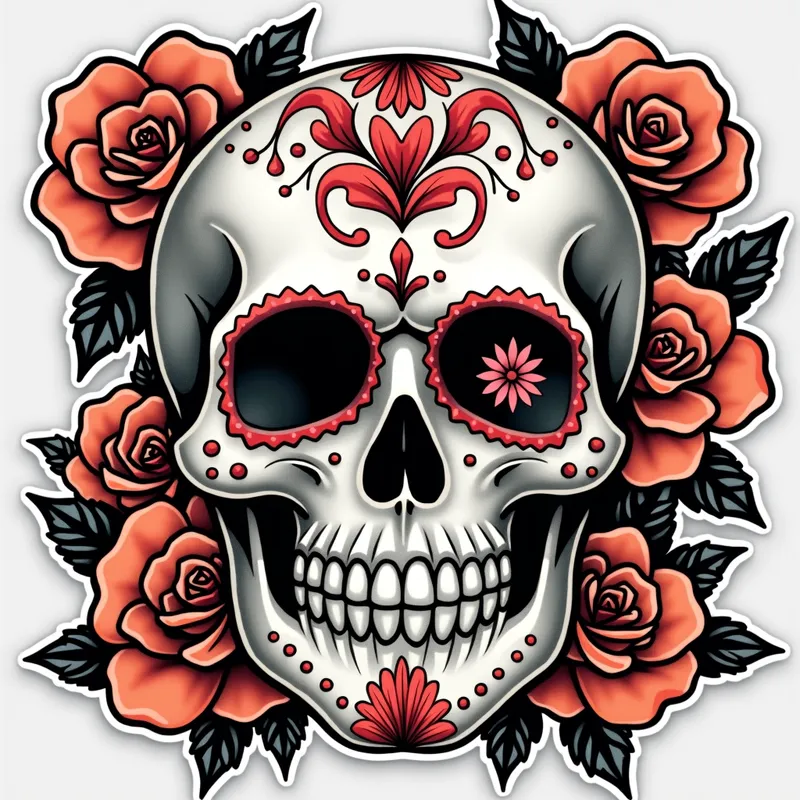 Vibrant Sugar Skull Tattoo Art - A stunning sugar skull tattoo depicted, half grey half color framed by a fun and eclectic sticker border. - AI image generated with Photorealistic 2 - tattoo drawing