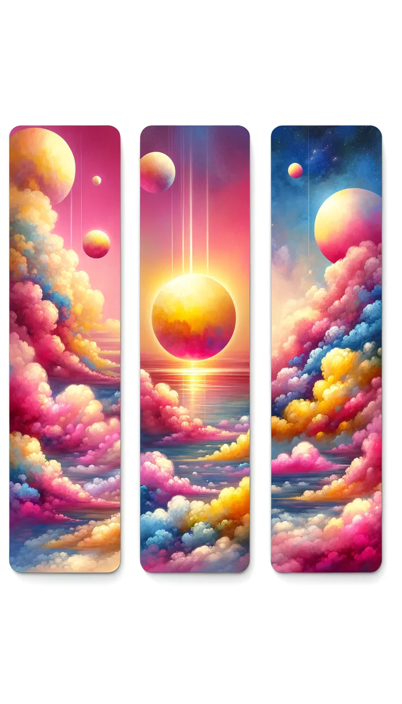 Vibrant Sunrise Bookmarks - 3 bookmarks with beautiful water color sun rise with pinks and yellow and orange. Some small clouds bright vibrant colors - AI image generated with Art - colorful, watercolor, hyper-surrealism