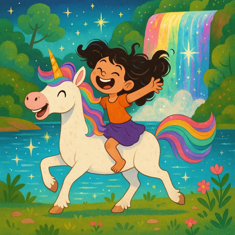 Vibrant Waterfall Fantasy - A joyful unicorn with a funny and playful female character riding by a sparkling lake, featuring a vibrant waterfall in the background. The scene is whimsical and exudes a sense of magical wonder. - AI image generated with GPT Image
