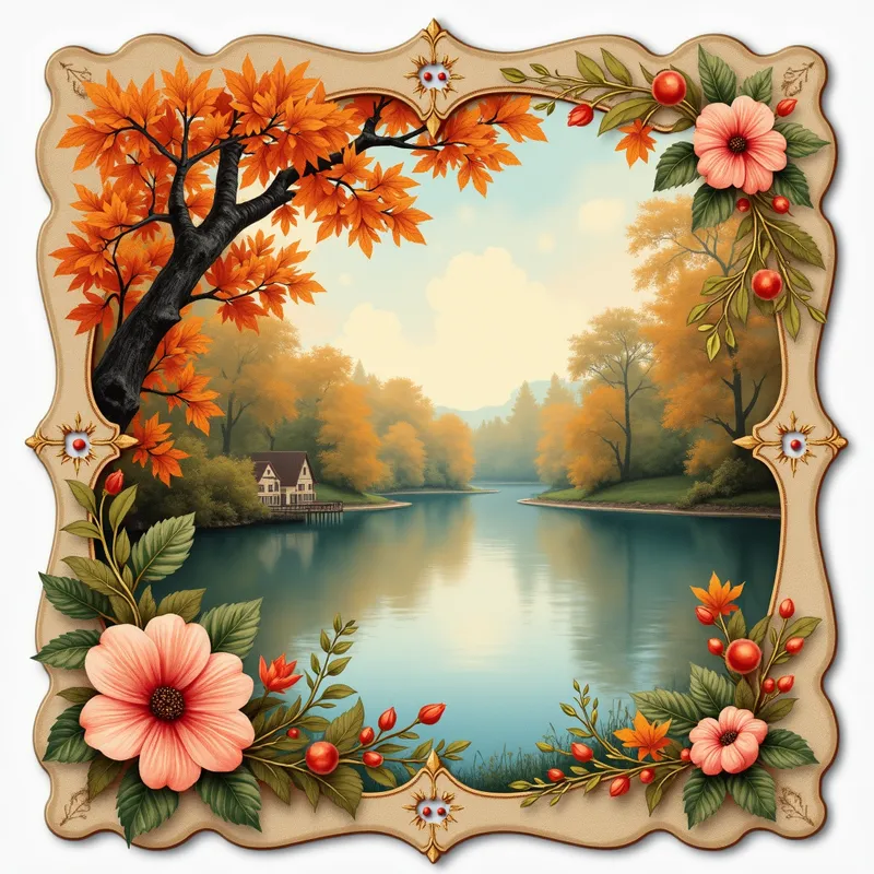 Victorian Autumn Serenity - A vintage Victorian greeting card with a watercolor depiction of an autumn lake, framed by autumn-colored flowers. The card features scalloped edges and decorative holes, with an illustrative style and autumn color palette, creating a romantic mood with soft lighting. - AI image generated with Photorealistic 2 - aquarelle
