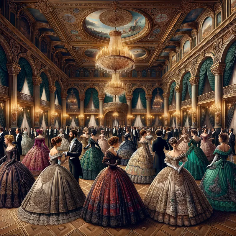 Victorian Ball in Opulent Ballroom - [Elegant Victorian era ball gowns with intricate lace and embroidery, set in a grand ballroom with chandeliers and opulent decor] - AI image generated with Art