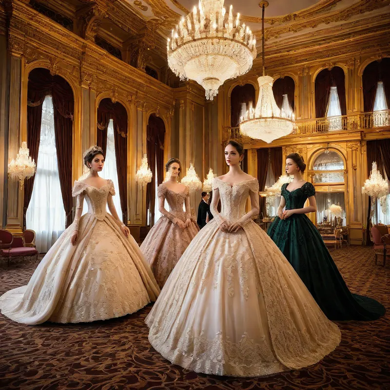 Victorian Ball in Opulent Ballroom - [Elegant Victorian era ball gowns with intricate lace and embroidery, set in a grand ballroom with chandeliers and opulent decor] - AI image generated with Photorealistic