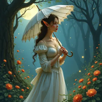 Victorian Elf Lady in Moonlit Garden