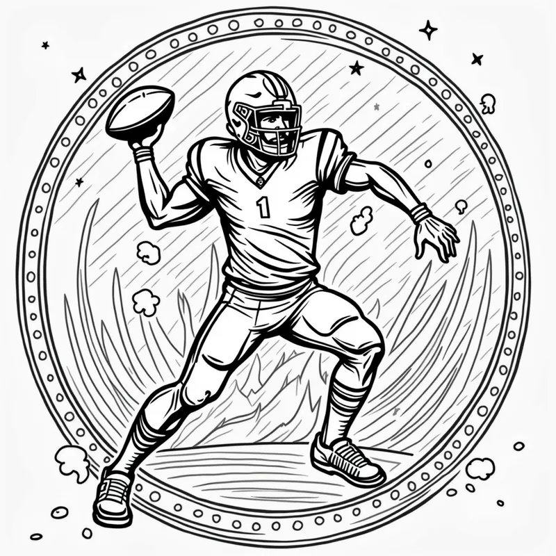 Victory Bound HCW Super Bowl Edition - A dynamic coloring page showing HCW as a central figure in a Super Bowl logo. The character is depicted mid-action, such as throwing a football or running, surrounded by energetic lines and patterns symbolizing victory and sportsmanship. - AI image generated with Text