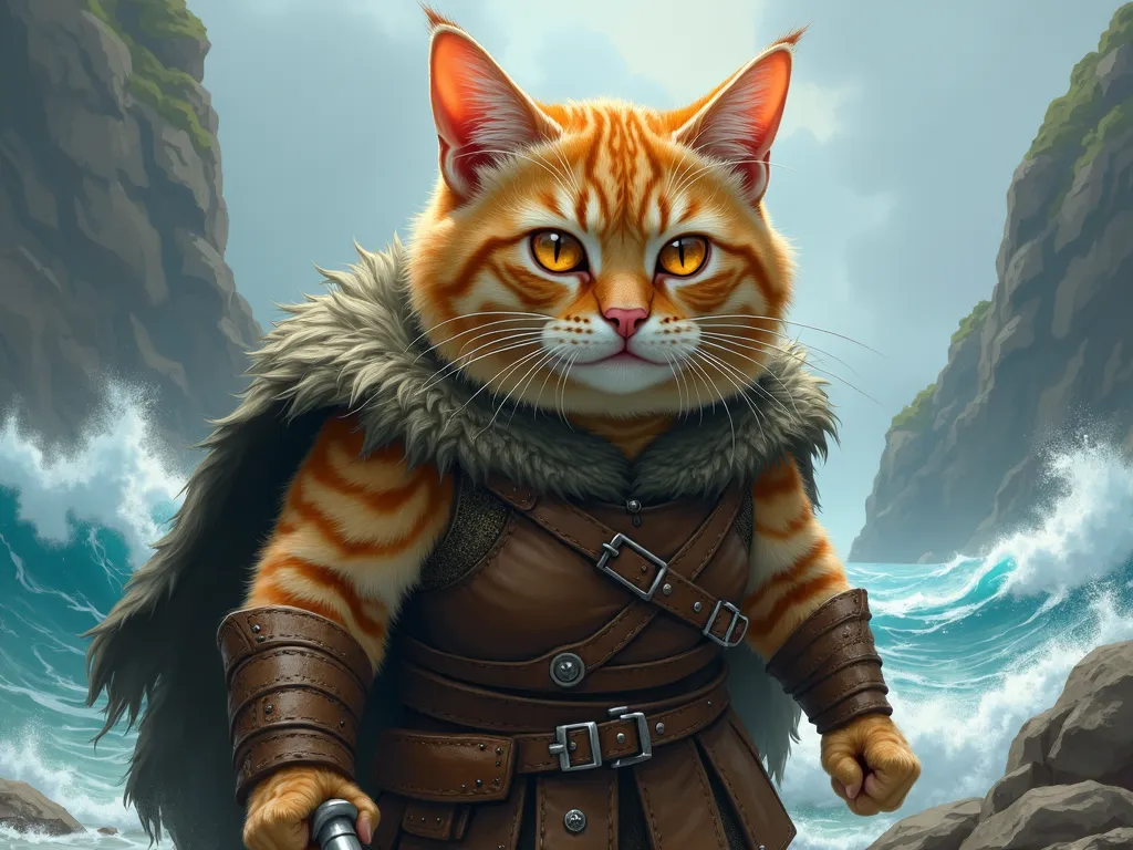 Viking Tabby Warrior - An anthro chubby blonde tabby cat with expressive amber eyes, depicted as a helmetless Viking warrior. The background shows a tempestuous sea raging. The cat stands in a dynamic pose. - AI image generated with Photorealistic 2 - fantasy art