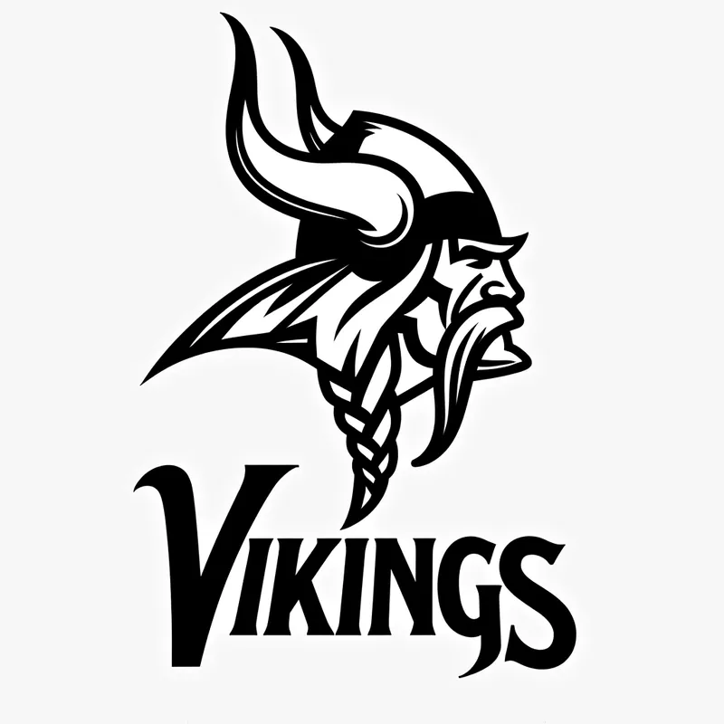 Vikings Team Logo Tee - a sports team t-shirt logo simple black and white for the Vikings with text logo and the silhouette of a viking head above it - AI image generated with Text
