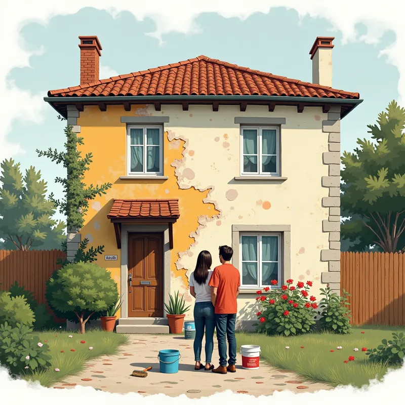 Villa Renewal - A detailed illustration of a city villa inherited by a 35-year-old couple. The villa's old, chipped facade is prominently shown to emphasize the need for a new coat of paint. The couple can be seen discussing the color palette, with paint buckets and brushes ready for use. - AI image generated with Photorealistic 2
