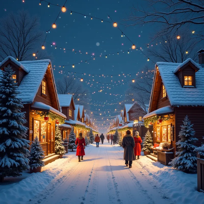 Villaggio di Natale notturno - Un villaggio di Natale di notte, strade vivacemente illuminate da luci colorate, tanta gente felice che passeggia tra bancarelle natalizie, neve che cade dolcemente, atmosfere calde e festose, stile realistico. - AI image generated with Photorealistic 2