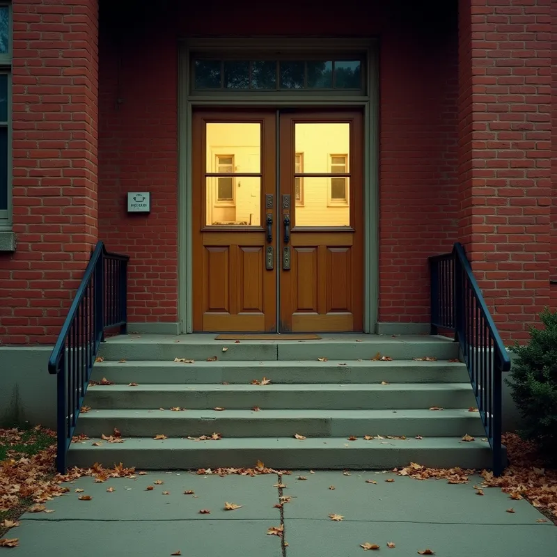 Vintage 1950s School Entrance at Night - wide exterior of a 1950's American high school: Red brick facade, tall double wooden doors with small glass panes. Wide concrete steps with metal railings, scattered fallen autumn leaves, vintage school sign/flag pole. composition framed so steps and doorway occupy the centre of the image.  - AI image generated with Photorealistic 2 - deserted street at night, photorealistic