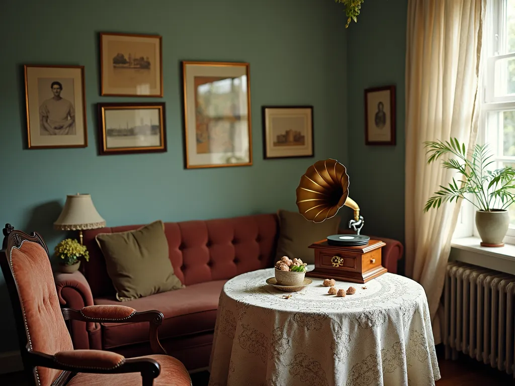 Vintage Aesthetic - A beautifully composed image capturing the essence of vintage aesthetics. Featuring muted tones, retro furniture, and classic decor elements like an old-fashioned gramophone, lace tablecloth, and antique art pieces. The scene is set in a cozy, softly lit room that exudes a timeless charm. - AI image generated with Photorealistic 2