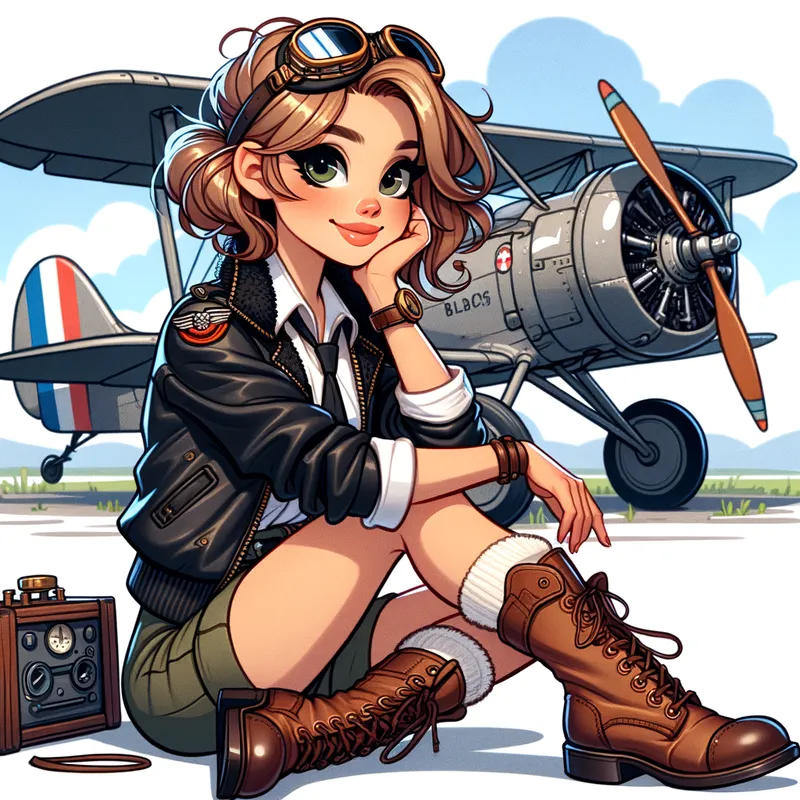 Vintage Aviatrix - A digital painting of a charming barnstorm pilot girl sitting barefoot and cross-legged on the ground. Her attire includes classic pilot goggles and a leather jacket, surrounded by an old aircraft and hangar. - AI image generated with Art - cartoony, colorful
