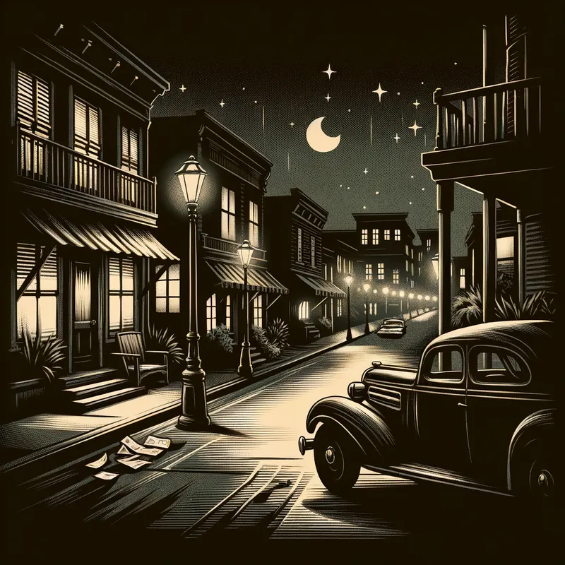 Vintage Blues Nocturne - The Pin-up blues - AI image generated with Art - dark tones, nostalgic vintage scene, deserted street at night