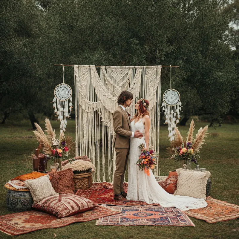 Vintage Bohemian Wedding - A vintage bohemian wedding set in a whimsical outdoor location. The bride and groom, dressed in boho-chic attire, are standing in front of a handmade macramé backdrop. The scene features eclectic furniture, mismatched rugs, dreamcatchers, and wildflowers, creating a relaxed, bohemian atmosphere. - AI image generated with Imagen 3
