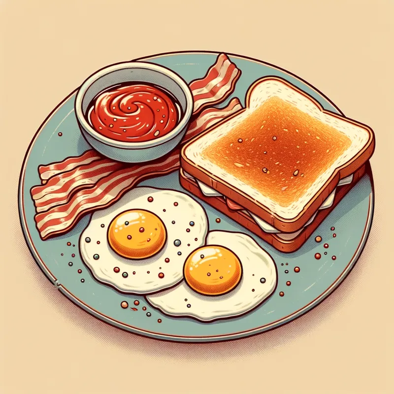 Vintage Breakfast Sketch - Generame una imagen de un desayuno con dos huevos fritos, bacon y una tostada con tomate untado
 - AI image generated with Art - sketching, nostalgic vintage scene, cartoony