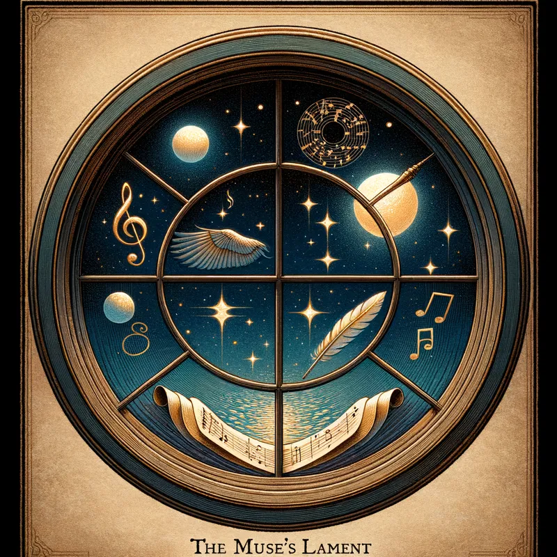 Vintage Celestial View - A round, old-fashioned window showcasing a serene starlit night. Floating symbols, including a quill, an open book, and musical notes, can be seen near the stars. The window frame is artistically unique, with radiant stars and smooth gradients adding dimension. At the bottom of the window, 'The Muse's Lament' is elegantly written in a soft, ethereal font. - AI image generated with Art - ukiyo-e