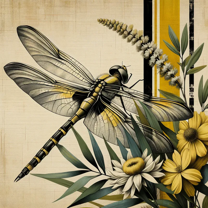 Vintage Dragonfly on Striped Canvas - A hand-painted, realistic depiction of a large dragonfly on a beige page. The background consists of yellow and black vertical stripes, giving it a rustic and nostalgic feel. The scene is adorned with yellow flowers and green leaves, blending the vintage-inspired and nature-themed elements together. The colors are bright and vibrant with shades of yellow, green, and white. - AI image generated with Art