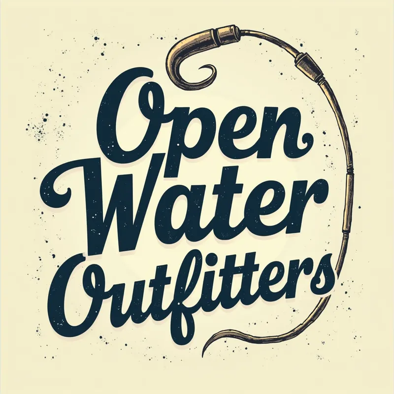 Vintage Fishing Script Design - A vintage-inspired T-shirt image with a detailed illustration of a treble fishing hook attached to a gently curved piece of line, which underlines the hand-drawn, retro bubble script phrase 'Open Water Outfitters'. Slight distressed effects give a worn, classic feel, perfect for outdoor apparel. - AI image generated with Photorealistic 2