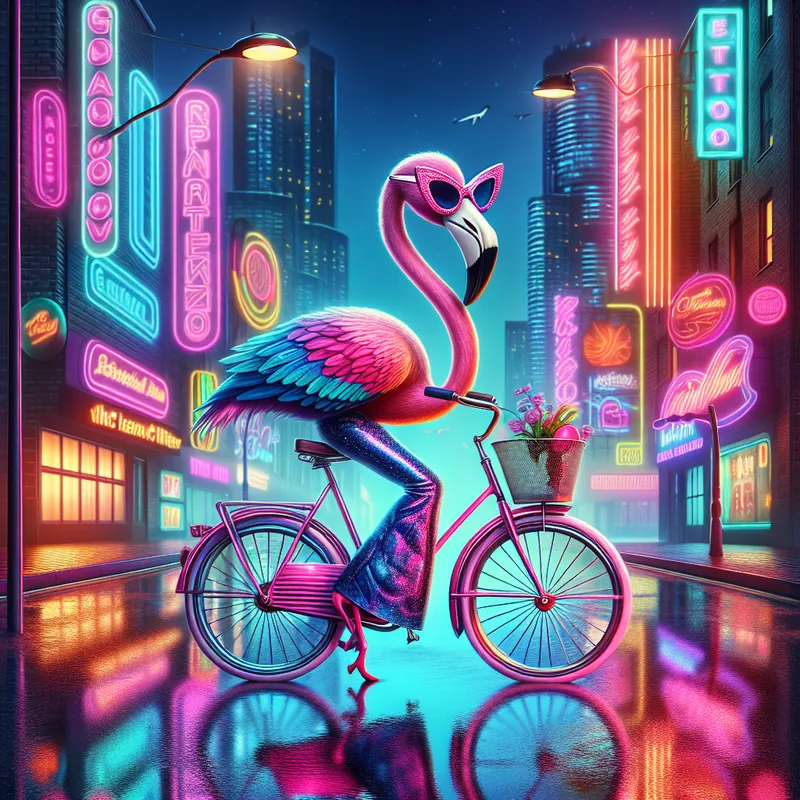 Vintage Flamingo Cyclist - A flamingo in retro fashion, including flared pants and a funky top, riding a bicycle through a neon-lit cityscape while wearing cat-eye sunglasses. - AI image generated with DALL-E 3