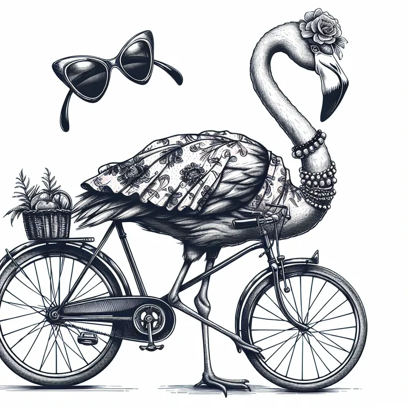 Vintage Flamingo Ride - Create an image of a flamingo adorned in vintage attire and cateye sunglasses, riding a bicycle, without any background. - AI image generated with DALL-E 3