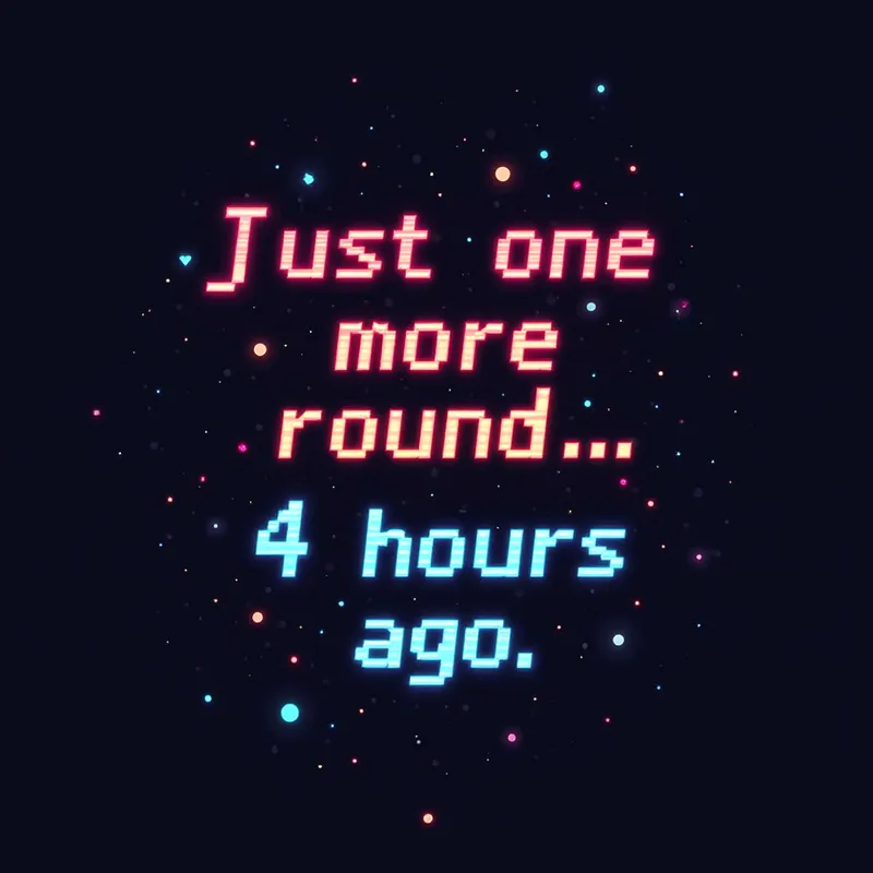 Vintage Gamer Tee with Neon Glitch - A design mockup for a dark T-shirt incorporating neon glitch typography with the slogan 'Just one more round… 4 hours ago.' The look is completed with pixelated, retro elements for a sarcastic gaming feel. - AI image generated with Flux