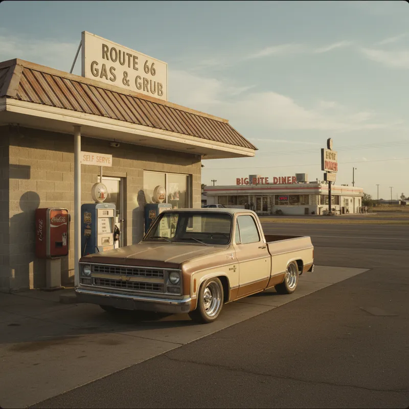 Vintage Gas Station - A lowered squarebody truck parked at a 90s-style gas station, complete with old signage, vending machines, and a background of open roads and local diners. - AI image generated with Nano Banana