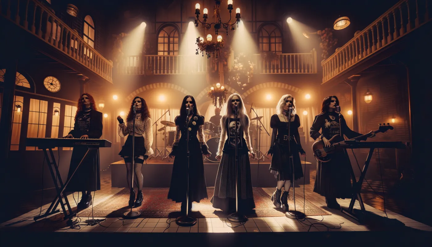 Vintage Gothic Band Stage - Female gothic 80’s band on stage - AI image generated with Art - nostalgic vintage scene, night lighting
