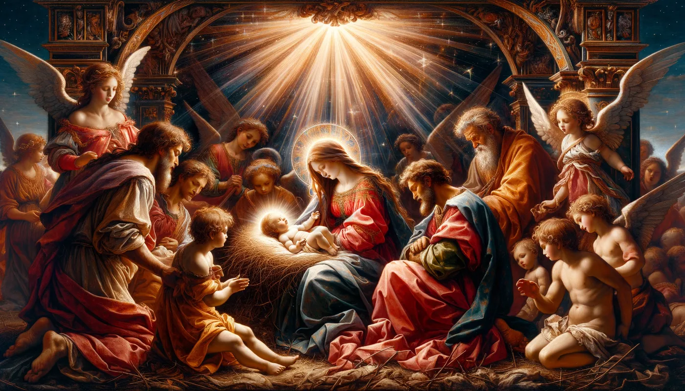 Vintage Nativity Painting - A classic, Renaissance-style painting of the nativity scene, with intricate details, rich colors, and an aura of celestial light illuminating the holy family. - AI image generated with Art