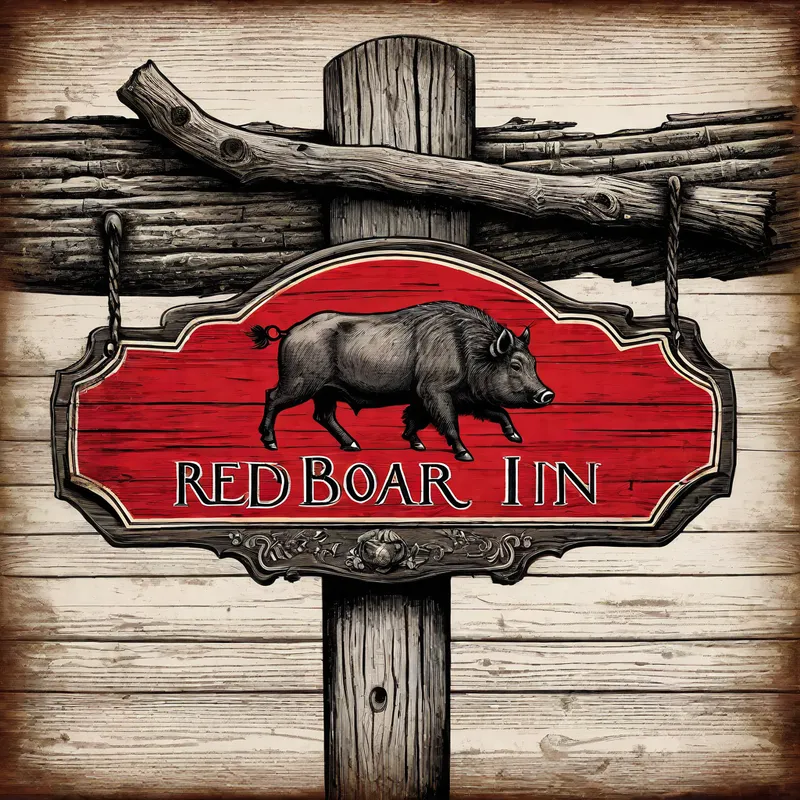 Vintage Red Boar Sign - A classic sketch depicting a sign for the 'Red Boar Inn' hanging from a rustic wooden post. The sign includes an elegant portrayal of a red boar and has a vintage design with decorative elements around the edges. - AI image generated with Photorealistic