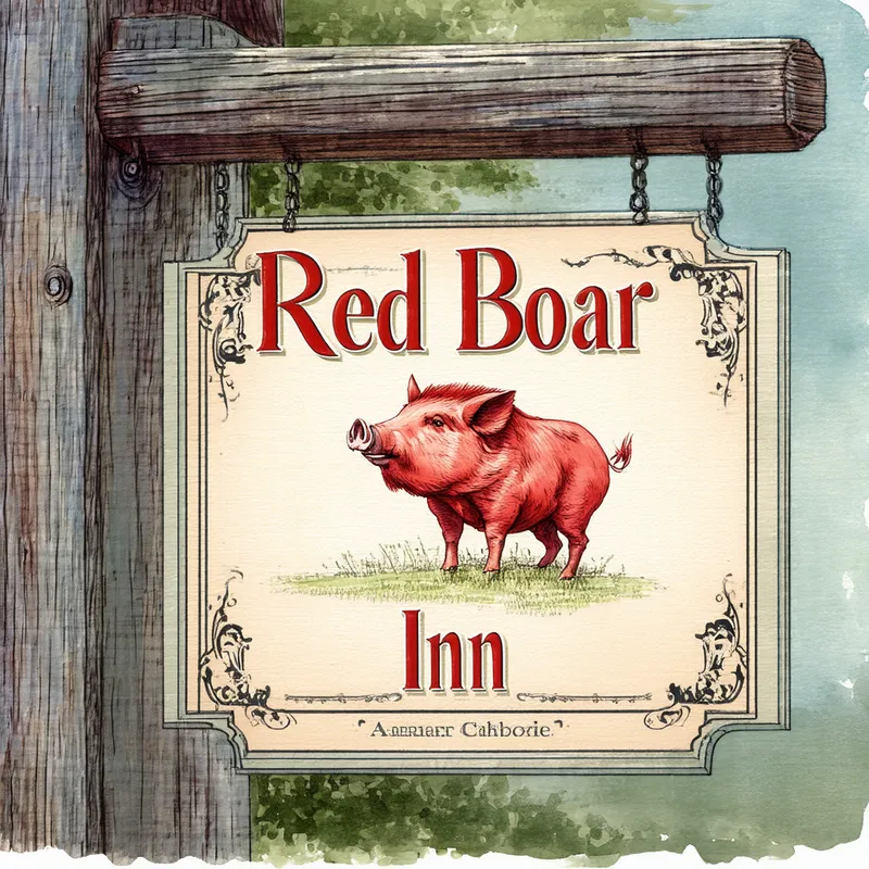 Vintage Red Boar Sign - A classic sketch depicting a sign for the 'Red Boar Inn' hanging from a rustic wooden post. The sign includes an elegant portrayal of a red boar and has a vintage design with decorative elements around the edges.