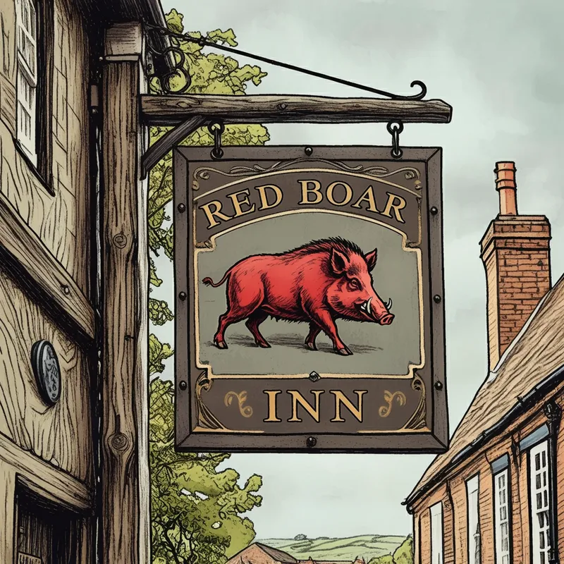 Vintage Red Boar Sign - A classic sketch depicting a sign for the 'Red Boar Inn' hanging from a rustic wooden post. The sign includes an elegant portrayal of a red boar and has a vintage design with decorative elements around the edges. - AI image generated with Imagen 3