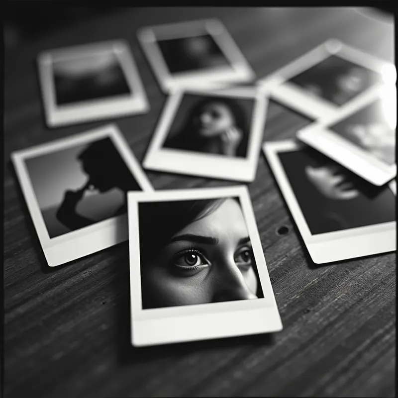 Vintage Reverie - A grainy, black and white vintage-style photograph captures a worn wooden table. Scattered Polaroid photos lie casually arranged. These photos display melancholic, dreamlike scenes: a blurred kiss, a woman's hand reaching out, lips slightly parted, and a distant silhouette. One central Polaroid, in focus and prominently placed, features a close-up of an eye gazing sideways with subtle intensity and wistfulness. This central photo is slightly tilted, suggesting recent placement. All elements in the image are monochromatic, with soft lighting, grain texture, and a strong vintage aesthetic reflective of dream pop album art. The overall mood is emotionally charged, nostalgic, and quietly haunting. - AI image generated with Photorealistic 2