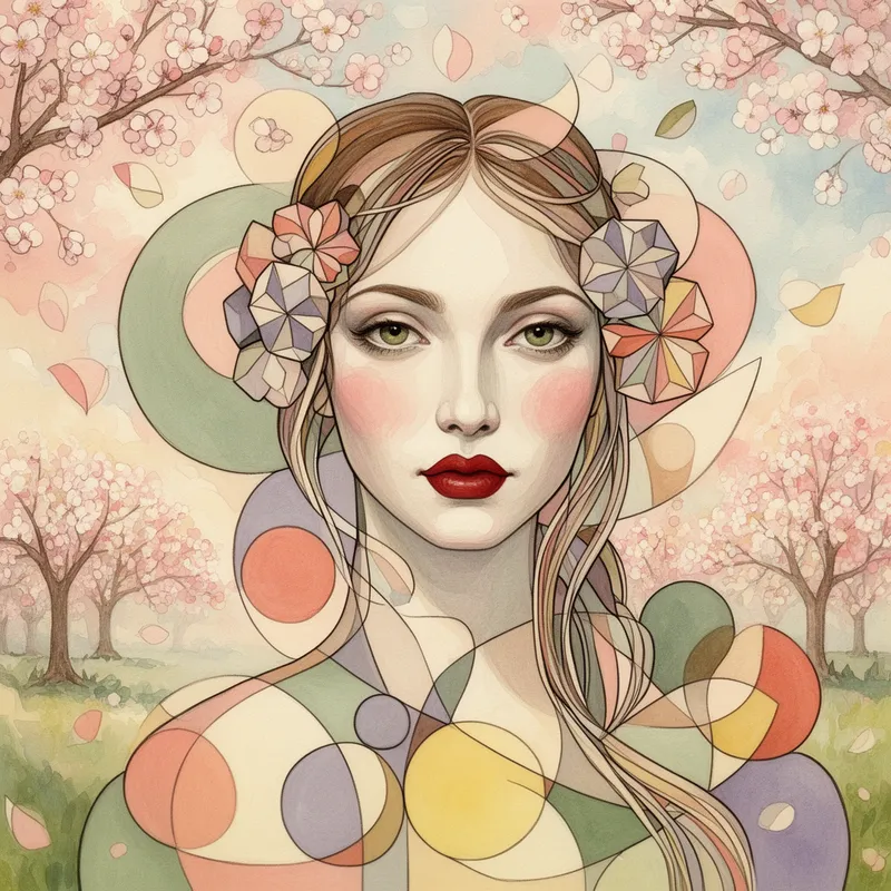 Vintage Spring Mosaic Portrait - A high-resolution abstract portrait of an elegant woman in a surrealist folk art style, combining the flowing decorative beauty of Art Nouveau with the fragmented geometry of Cubism. Her semi-realistic face features pale porcelain skin, rosy cheeks, rich red lips, and captivating green eyes. Her hair is styled as flowing strands mixed with geometric petal ornaments. Surrounding her are overlapping circles, soft curves, and bold shapes in blush pink, sage green, butter yellow, lilac, soft coral, and cream. The spring background includes stylized cherry blossom trees, floating geometric petals, and a dreamy pastel sky. Watercolor and oil paint textures, highly detailed, vintage-inspired, 6500x6500 pixels, 300 DPI. - AI image generated with Flux 2
