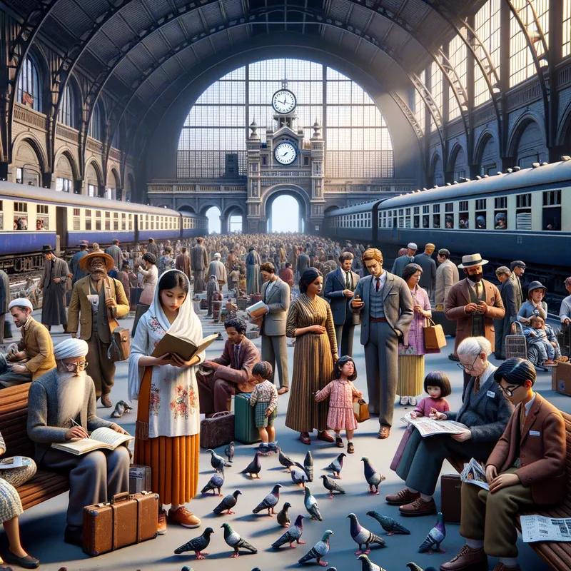 Vintage Station Vignette - A detailed and immersive scene of a bustling vintage train station, where the arrival and departure of trains, the waiting passengers, and the imposing clock tower come together to create a captivating and nostalgic experience.