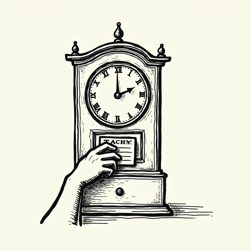 Vintage Time Clock Sketch - A hand-drawn sketch of a classic, old-fashioned time clock from the early 20th century, with intricate mechanical details. A stylized black hand is in the process of inserting a time card into the clock, highlighting the action of punching in. - AI image generated with Photorealistic 2 - minimalist line art